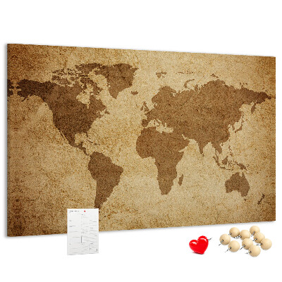 Tablero de corcho decorado mapa del mundo antiguo sobre fondo de bronce