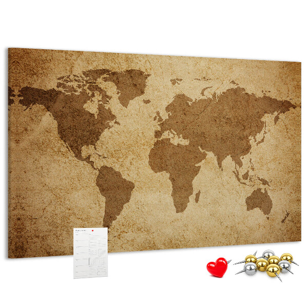 Tablero de corcho decorado mapa del mundo antiguo sobre fondo de bronce
