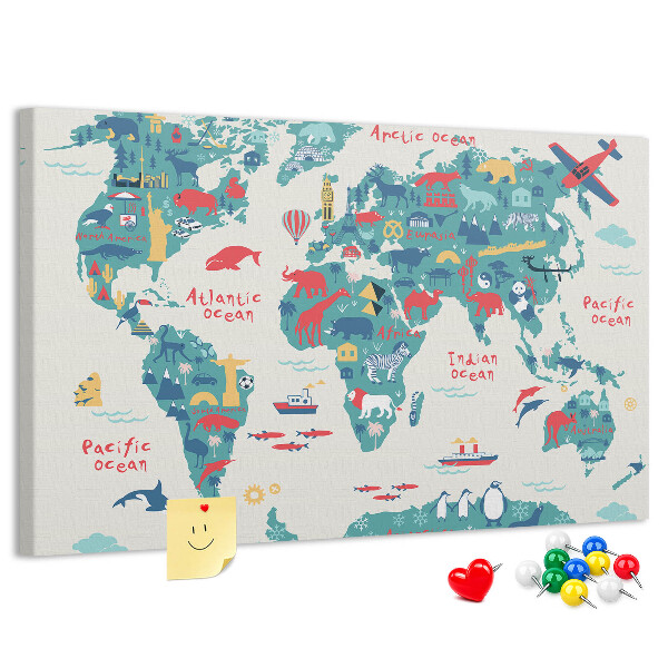 Pizarra de corcho mapamundi colorido con iconos de animales