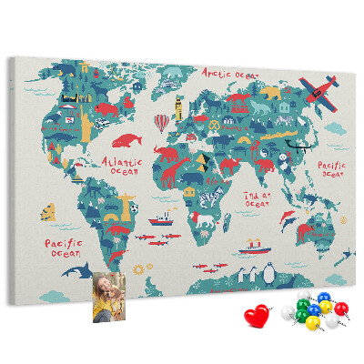 Pizarra de corcho mapamundi colorido con iconos de animales