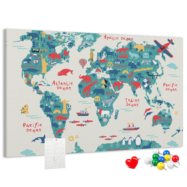 Pizarra de corcho mapamundi colorido con iconos de animales