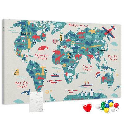 Pizarra de corcho mapamundi colorido con iconos de animales
