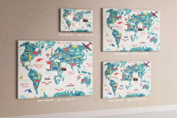 Pizarra de corcho mapamundi colorido con iconos de animales