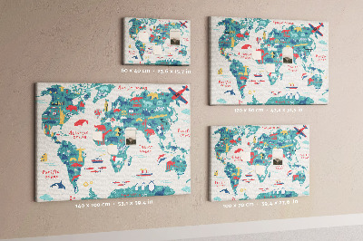 Pizarra de corcho mapamundi colorido con iconos de animales