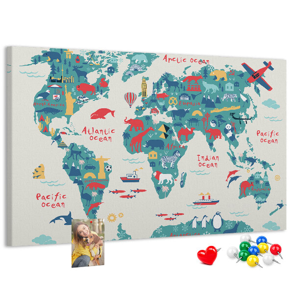Pizarra de corcho mapamundi colorido con iconos de animales