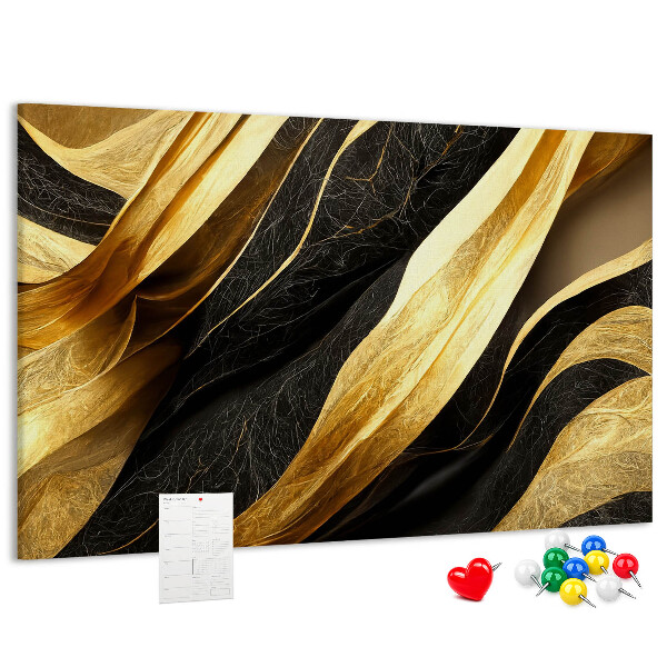 Tablero de anuncios con diseño de ondas de tela doradas y negras