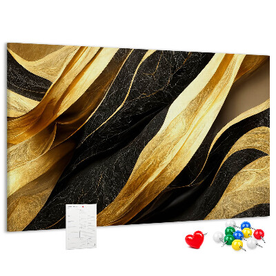 Tablero de anuncios con diseño de ondas de tela doradas y negras