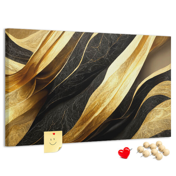 Tablero de anuncios con diseño de ondas de tela doradas y negras