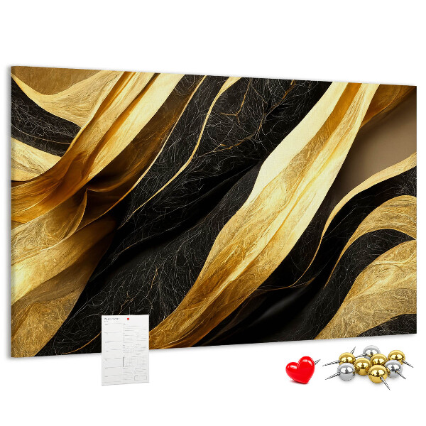 Tablero de anuncios con diseño de ondas de tela doradas y negras