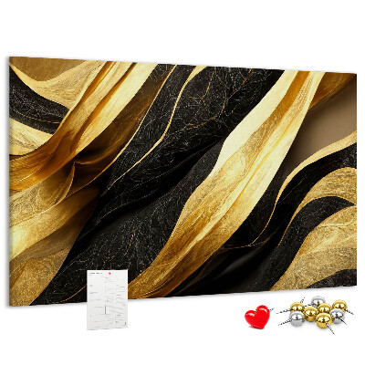 Tablero de anuncios con diseño de ondas de tela doradas y negras