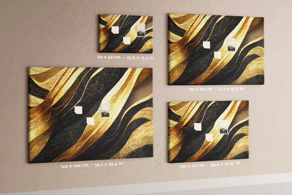 Tablero de anuncios con diseño de ondas de tela doradas y negras