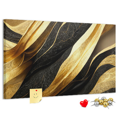 Tablero de anuncios con diseño de ondas de tela doradas y negras