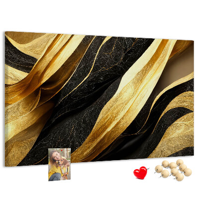Tablero de anuncios con diseño de ondas de tela doradas y negras