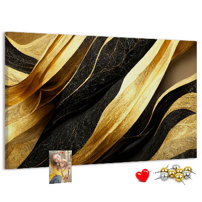 Tablero de anuncios con diseño de ondas de tela doradas y negras