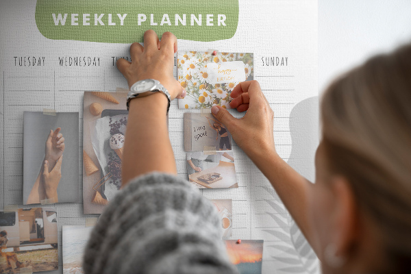 Pizarra de corcho con diseño de agenda semanal y motivos vegetales