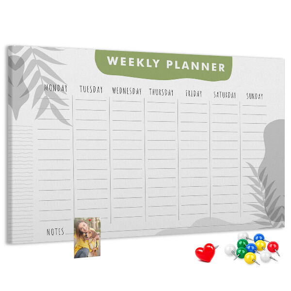 Pizarra de corcho con diseño de agenda semanal y motivos vegetales