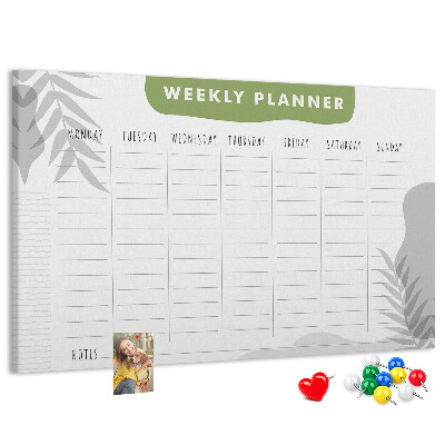 Pizarra de corcho con diseño de agenda semanal y motivos vegetales