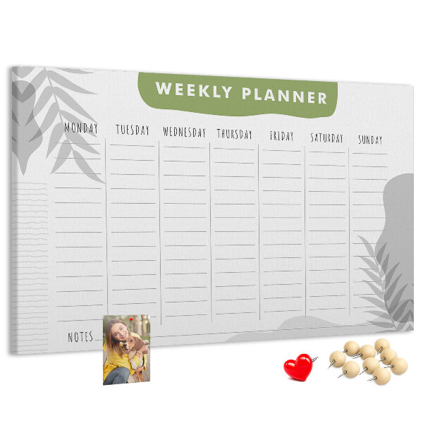 Pizarra de corcho con diseño de agenda semanal y motivos vegetales