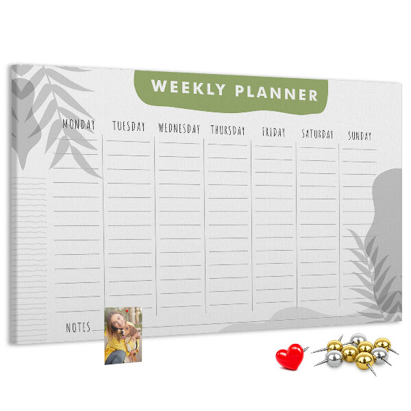Pizarra de corcho con diseño de agenda semanal y motivos vegetales