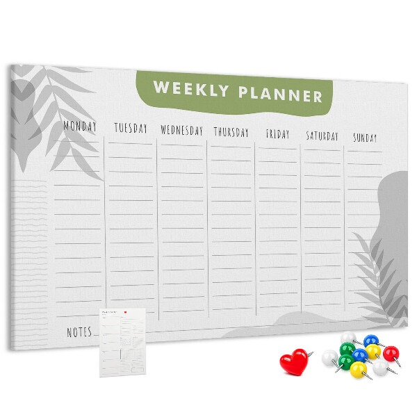 Pizarra de corcho con diseño de agenda semanal y motivos vegetales