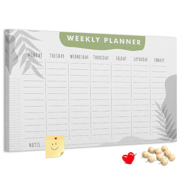 Pizarra de corcho con diseño de agenda semanal y motivos vegetales