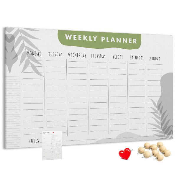 Pizarra de corcho con diseño de agenda semanal y motivos vegetales