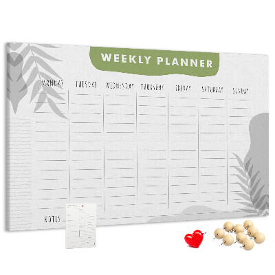 Pizarra de corcho con diseño de agenda semanal y motivos vegetales