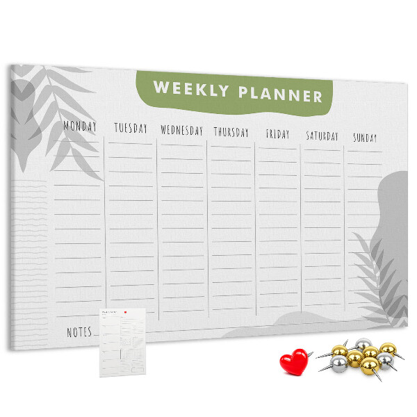 Pizarra de corcho con diseño de agenda semanal y motivos vegetales