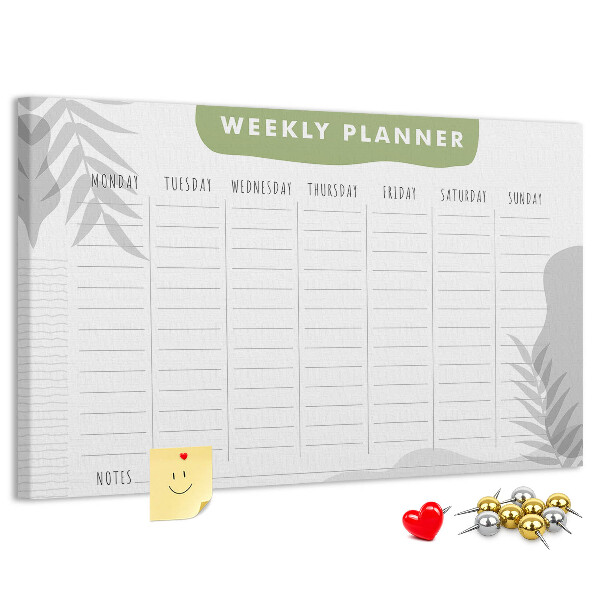 Pizarra de corcho con diseño de agenda semanal y motivos vegetales