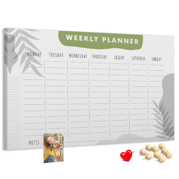Pizarra de corcho con diseño de agenda semanal y motivos vegetales
