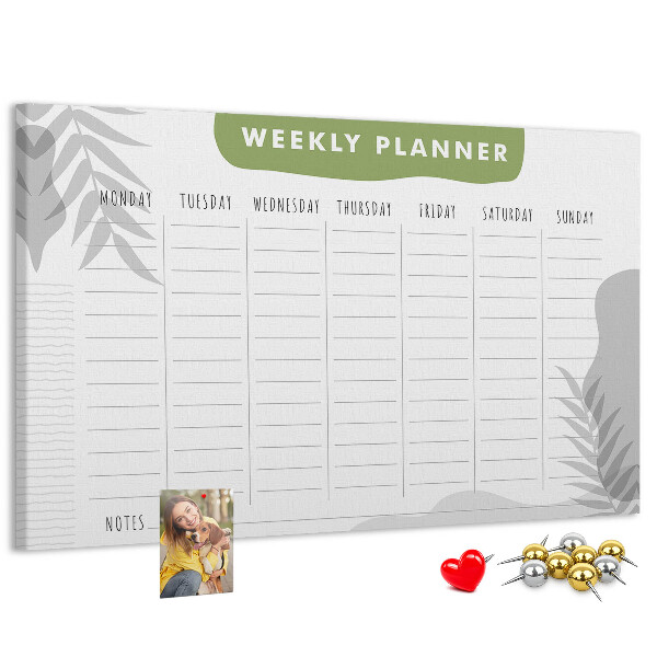 Pizarra de corcho con diseño de agenda semanal y motivos vegetales