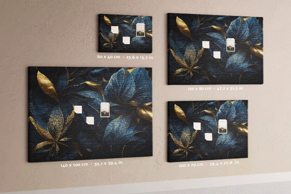 Tablero de corcho decorativo hojas doradas sobre un fondo azul oscuro