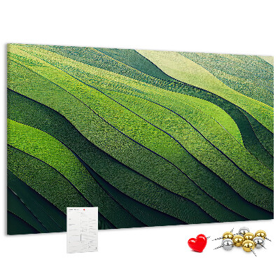 Tablero de anuncios con diseño de ondas verdes y textura de tierra