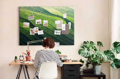 Tablero de anuncios con diseño de ondas verdes y textura de tierra