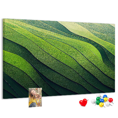 Tablero de anuncios con diseño de ondas verdes y textura de tierra