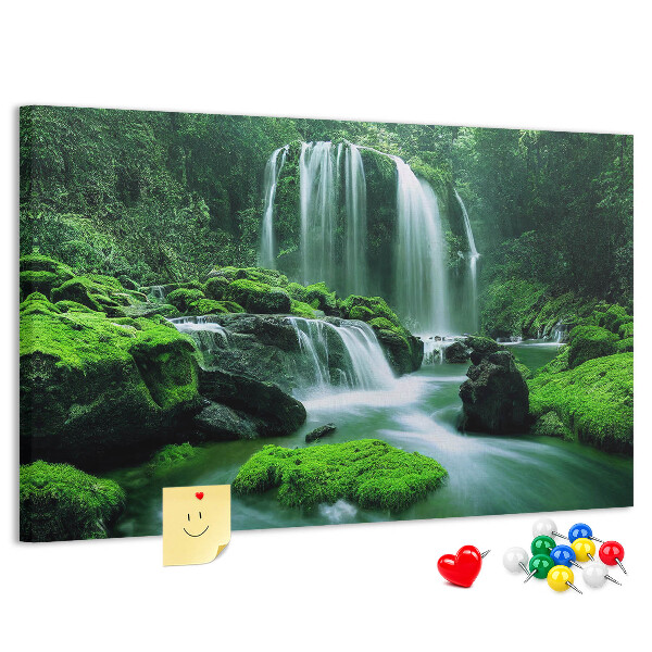Pizarra de corcho Una cascada verde en una selva exuberante.
