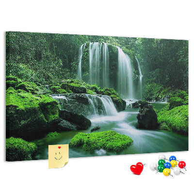 Pizarra de corcho Una cascada verde en una selva exuberante.