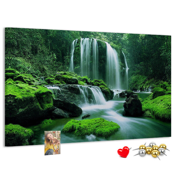 Pizarra de corcho Una cascada verde en una selva exuberante.