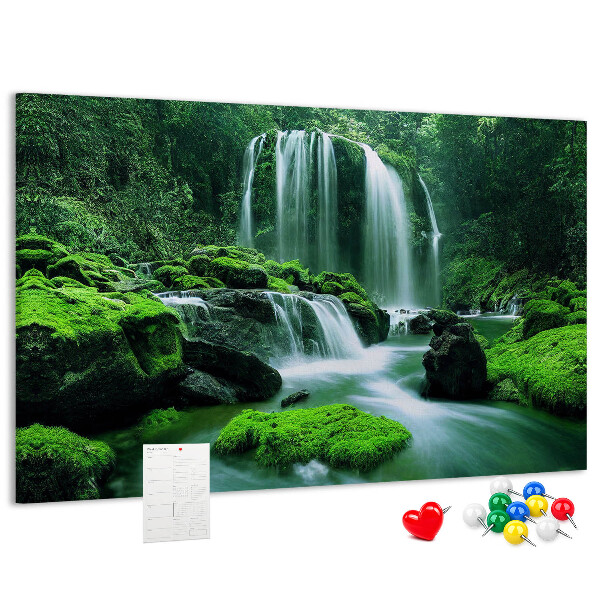 Pizarra de corcho Una cascada verde en una selva exuberante.