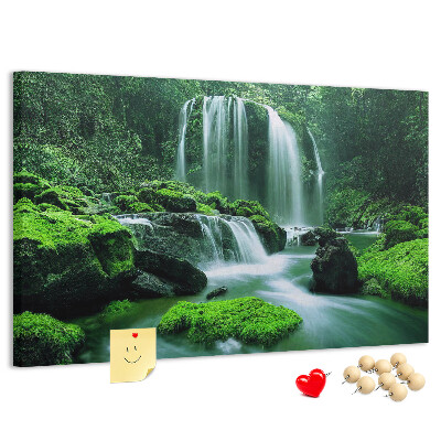 Pizarra de corcho Una cascada verde en una selva exuberante.