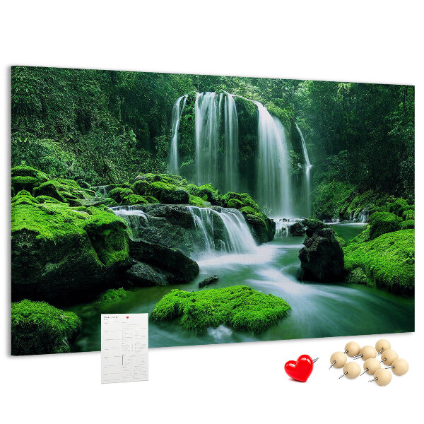 Pizarra de corcho Una cascada verde en una selva exuberante.