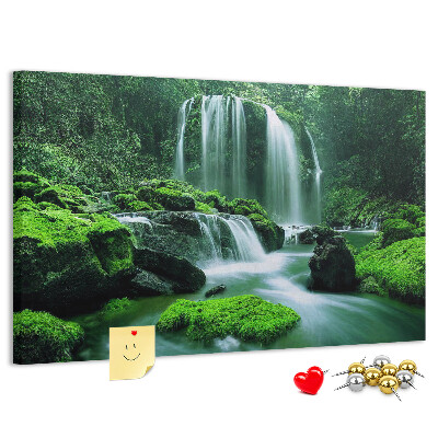 Pizarra de corcho Una cascada verde en una selva exuberante.