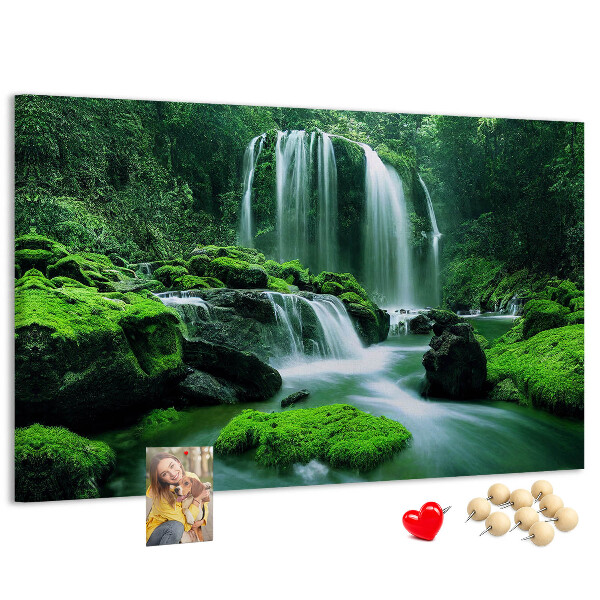 Pizarra de corcho Una cascada verde en una selva exuberante.