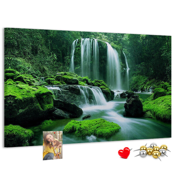 Pizarra de corcho Una cascada verde en una selva exuberante.