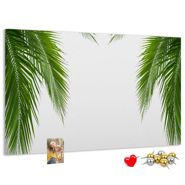 Pizarra de corcho con diseño de hojas de palmera sobre fondo blanco