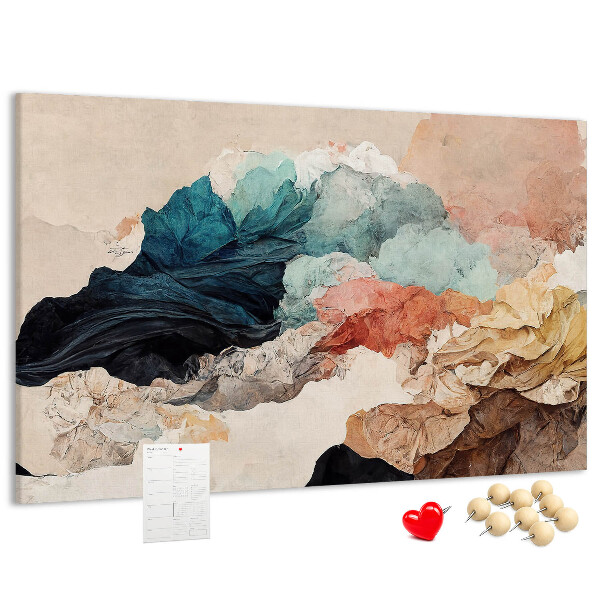 Pizarra de corcho con diseño de salpicaduras abstractas de formas onduladas y coloridas