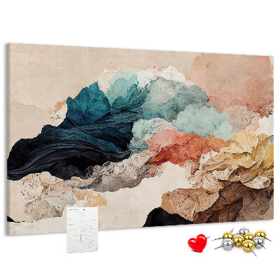 Pizarra de corcho con diseño de salpicaduras abstractas de formas onduladas y coloridas
