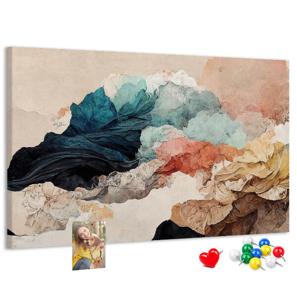 Pizarra de corcho con diseño de salpicaduras abstractas de formas onduladas y coloridas