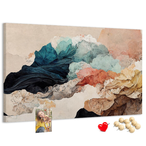 Pizarra de corcho con diseño de salpicaduras abstractas de formas onduladas y coloridas