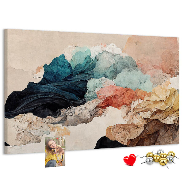Pizarra de corcho con diseño de salpicaduras abstractas de formas onduladas y coloridas